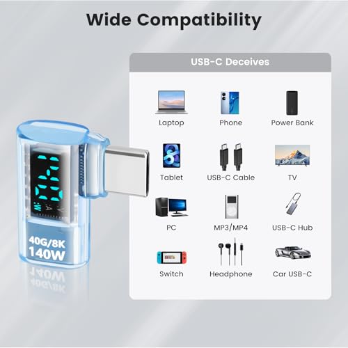 Upgraded USB 4.0 Digital Display USB C Male to Female Adapter 40Gbps (2 Pack), Right Angle PD 3.1 140W Power 8K@60Hz Video Compatible with iPhone 16, MacBook and More USB-C Devices, Light Blue - style: AY-Cm-Cf-dd-bl