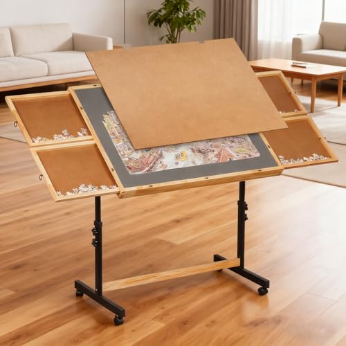 Solid Wood Jigsaw Puzzle Table with Drawers & Lockable Wheels, Tilting Puzzle Board 0-90° Adjustable, 1500 Pieces Puzzle Board with Legs, 37.4” x 27.9“ Portable Puzzle Table with Legs - color: Grey