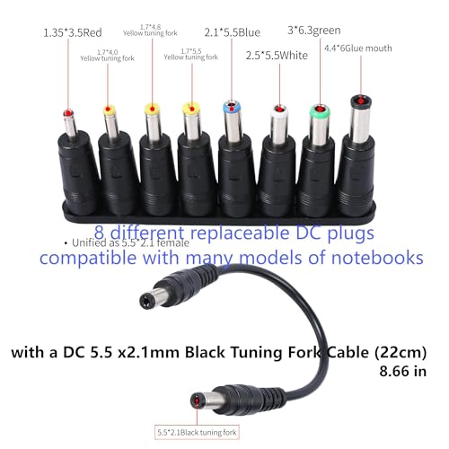 DC Power Adapter DC5521 Laptop Plug 5.5mmx 2.1mm Female to Male | 8-in-1 Universal Connector Adapter with DC 5.5mm x2.1mm Black Tuning Fork Cable 8.66 in/22cm