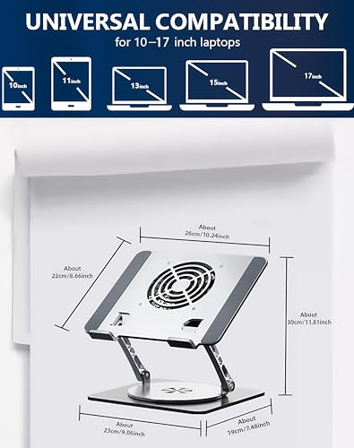Adjustable Laptop Stand with Cooling Fan & 360 Rotating Base | Ergonomic Laptop Riser for Desk ,Foldable for 10-17'' Computer Gaming/DJ/Office Use - Silver - size: Extra Large