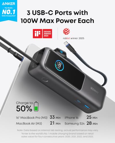 Anker Laptop Power Bank, 25,000mAh Travel Essential with 165W Total Output | 3 USB-C Ports with 100W Max Each, Built-In Retractable Cables, Flight-Ready, for iPhone 17 Series ,MacBook, and More - color: Black