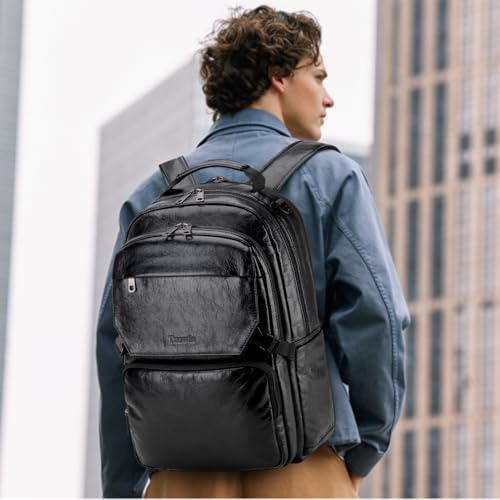 Tzowla Full Grain Genuine Leather Laptop Backpack for Men and Women,Business Work Travel Slim Daypack Fits 15.6 Inch Notebook/Computer-Black - color: W-black