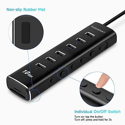 8-Port Powered USB 3.2 Hub 10Gbps with SD/TF Reader, RSH-A107D | USB Splitter with 6 USB-A 3.2 Gen 2 Data Ports, SD/TF Card Reader, 3.3ft USB Cable and 12V/2A Power Adapter for Laptop PC