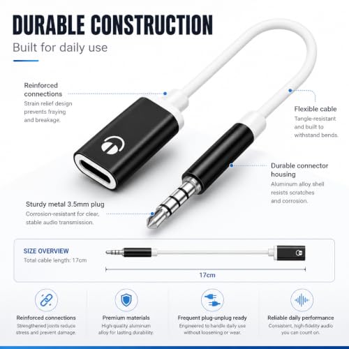 USB C to 3.5mm Analog Audio Adapter, Pure Analog Signal Headphone Converter with Noise Cancellation for Type-C Devices (Black)