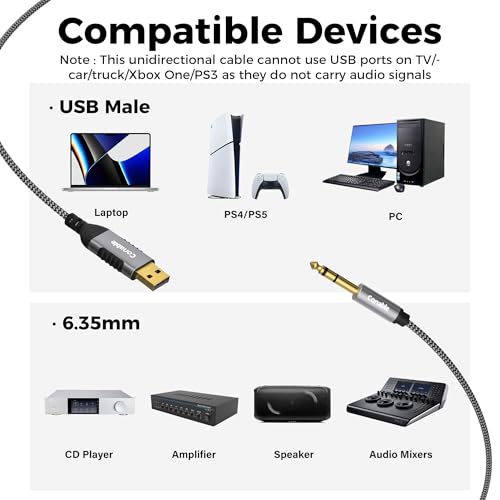 USB to 6.35mm TRS Stereo Audio Cable 10 FT, USB-A to 1/4" Audio Adapter Aux Jack Stereo Cord, Gold-Plated Connector, Nylon Braided Jacket, DAC Chip, for Laptop, Amplifier, Mixer, Home Theater, Speaker - size: 10FT