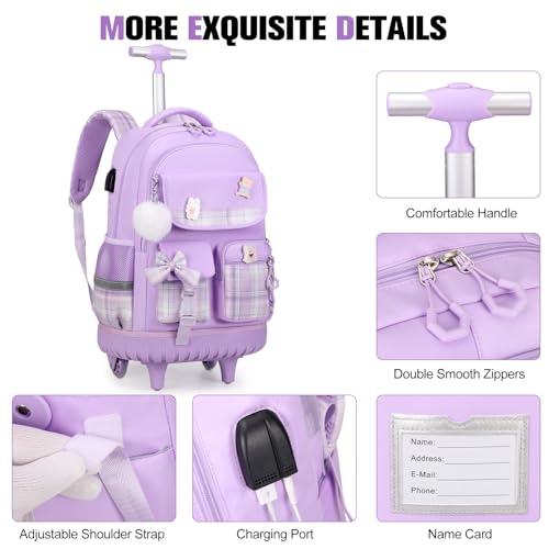 ACESAK Rolling Backpack for Girls - Roller Wheels School bag with Lunch Bag & Pencil Pouch for Teen Girls Kids Wheeled Suitcase Backpacks, Elementary Middle School Travel Daypack (Purple) - color: Purple