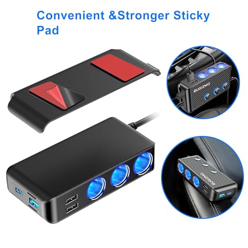 EUGIZMO 8 in 1 Cigarette Lighter Adapter,3 Socket Car Charger Plug Splitter | 12V/24V PLug in Outlet with Voltage Visible Independent Switches 2 PD30W & 3 USB-A Ports Fast-Charge Phones and Dash Cams