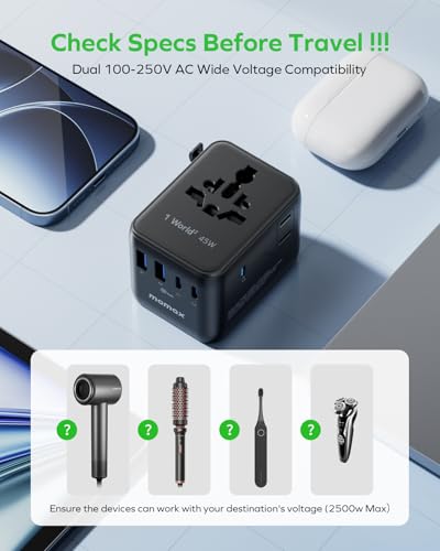 MOMAX 7-in-1 Universal Travel Adapter, GaN 45W iPhone 17 European Travel Plug Adapter, 3 USB-C PD & 2 USB-A QC,2 AC, International Power Adapter for Travel UK EU AUS JP, Travel Essentials - size: 45 W