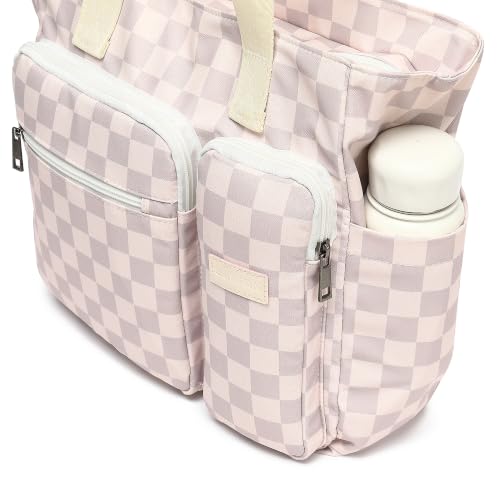 Women Tote Bag With Muti-Pockets,Lightweight Shoulder Bag,Large Capacity Handbag for Travel, Work, Gym - color: Lavender Grey Checkered