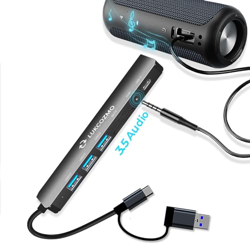 USB-C 7-in-1 Hub: 4 USB 3.0, USB-C, SD/TF, Audio, for MacBook, iPad, Dell, HP, Phones - color: Black