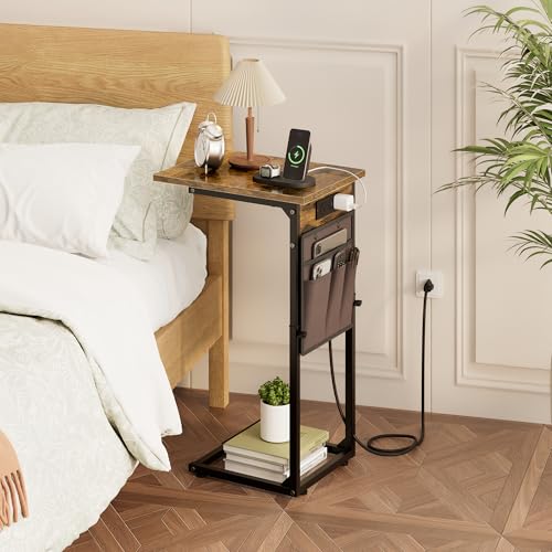 Vagusicc C-Shaped End Tables Set of 2 with Charging Station, 33'' Tall C Table Adjustable Height Side Table, Sofa Table for Couch, Couch Table that Slide Under Sofa, TV Trays for Living Room, Brown - color: 2pc Rustic Brown, style: With Plug