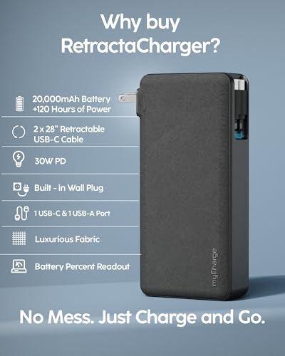 myCharge RetractaCharger 20000mAh Portable Charger Power Bank for Laptops, Phones & Tablets with 28-inch Retractable Dual USB-C Cables | Premium Fabric | Built-in Wall Plug | 30W PD Fast Charging