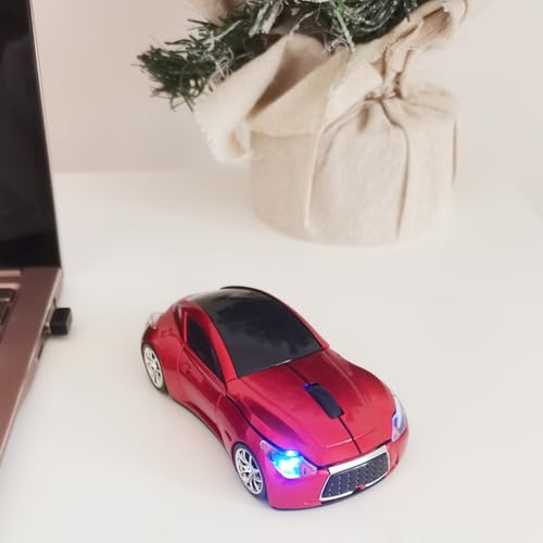 Car Mouse for Computer, Wireless Car Shaped Mice for Laptop, PC, Mini Cute Mouse with 2.4Ghz USB Receiver, 3D, 1600DPI, Silent Clicks, LED Headlights (Red) - color: Y-Red