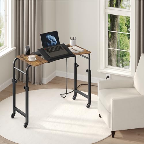 Overbed Table with Wheels and Height Adjustable, Recliner Table with Charging Station, Over the Bed Desk for Bed, Sofa, Office, Rustic Brown and Black SF05UBR