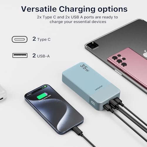 JUOVI J2651 Portable Charger, 35W 20000mAh USB C in & Out Power Bank, Battery Pack with QC4.0+PD3.0 35W High-Speed Charging for Bluetooth Earbud, Mobile Phone, Tablet (Blue) - color: Blue