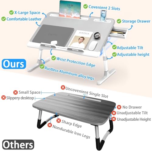 Laptop Bed Desk, X-Large Leather Adjustable Computer Bed Table Tray, Foldable Laptop Lap Desk for Bed Sofa Couch Floor Writing Eating Working with Drawer 2 Movable Stoppers (23.6 inch, Grey) - color: Gray