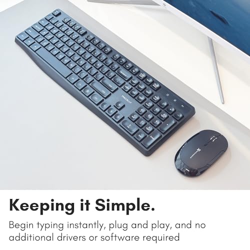 Macally Wireless Keyboard | 2.4G Computer Keyboard (Full Size, Quiet Keys) All Day Comfortable Typing with Wireless USB for Laptop, Desktop PC, Surface, Chromebook, Notebook