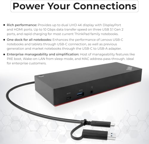 40AF0135US Docking Station Dual Monitor Hybrid USB-C with USB-A - 1 Year Warranty, Thinkpad Dock w/ 135W Adapter, HDMI, DisplayPort, USB-C Cable, Cloth - Laptop Docking Station (Renewed) - style: 40AF0135US Renewed