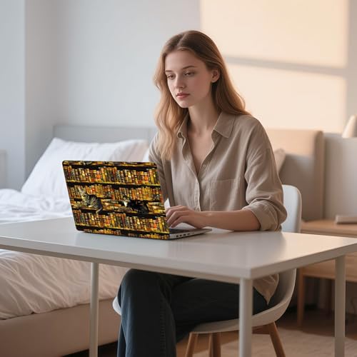 Aesthetic Laptop Skin Sticker, Cats on Book - Filled Shelves Waterproof Vinyl Laptop Decal, Removable Bubble Free, Reusable Protective Cover for 13 14 15 15.6 Inch - color: Cats on Book - Filled Shelves
