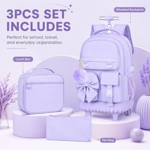3Pcs Rolling Backpack for Girls Women, School Kids Roller Bookbag with Wheels, Wheeled Backpacks Set for Elementary (Purple) - color: Bow Purple