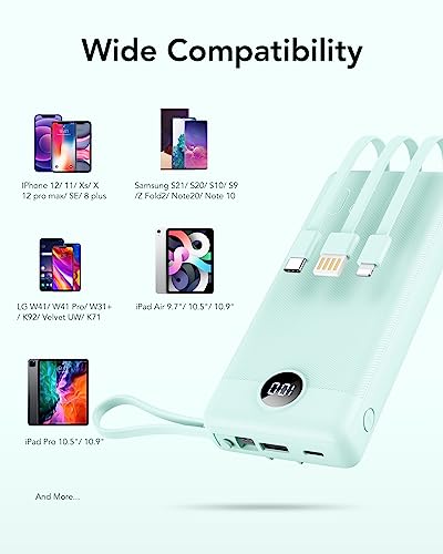 VRURC Portable Charger 20000mAh, Built-in Cables Fast Charging Power Bank, PD QC 3.0 Travel Essentials Battery Pack, 4 Output & 2 Input Phone Charger for iPhone, Samsung, Android - color: Green