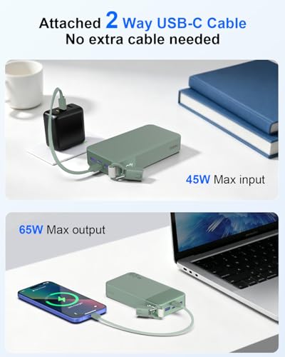 NOBIS Power Bank 20000mAh 65W Laptop Portable Charger | Battery Pack with attached USBC Cable 2 USB-C & 2 USB-A Ports, for Laptop,Pad,tablet,Phone 17/16/15/14,S26 - color: Green