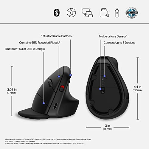 HP 920 Ergonomic Vertical Mouse Wireless Bluetooth 5.3 & USB Dongle, 5 Programmable Buttons, 16 Week Battery, Multi-Device, Multi-OS - style: Vertical Ergo