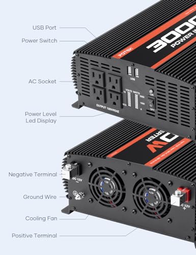 POTEK 3000W Power Inverter 4 AC Outlets DC 12V to 110V AC Car Inverter with 2 USB Port Black - size: 3000W-MSW