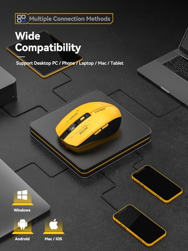 RAPIQUE Bluetooth Wireless Mouse - (BT1/BT2+USB Receiver) Tri-Device Compatibility for PC, Laptop, Computer, MacBook, Tablet (Black and Yellow) - color: Black and Yellow