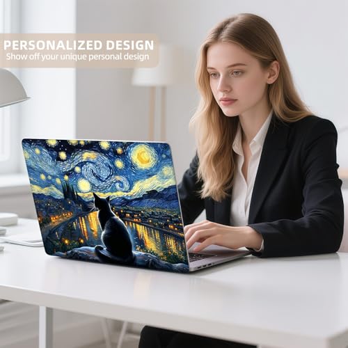 Universal Laptop Skin Sticker for 12/13/14/15.6 Inch Laptops, Reusable Vinyl Laptop Decal Protective Cover, Waterproof Scratch Resistant Notebook Skin with 2 Wrist Pads,Starry Night Black Cat - color: Starry Night Black Cat