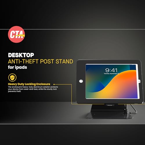 CTA Digital Desktop Anti-Theft Stand – Kiosk Stand with Stylus, Tether, and Aluminum Enclosure for iPad 11th Gen A16 11” - 10th Gen 10.9” - Air 4th & 5th Gen - 11” Pro & More - Black (PAD-DASB109) - color: Black, size: Medium, style: Modern Security