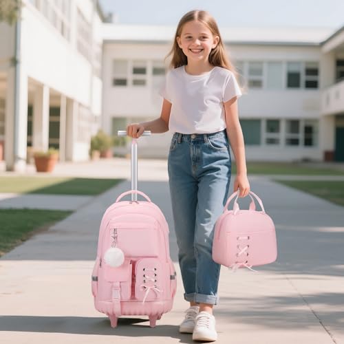 Scothen Rolling Backpack for Girls, Girls Backpack Set with Lunch Box & Pencil Pouch for Teen Girl Kids Children Elementary Middle School, Bookbag Daypack Laptop Travel Backpack with Wheels (Pink) - color: Pink