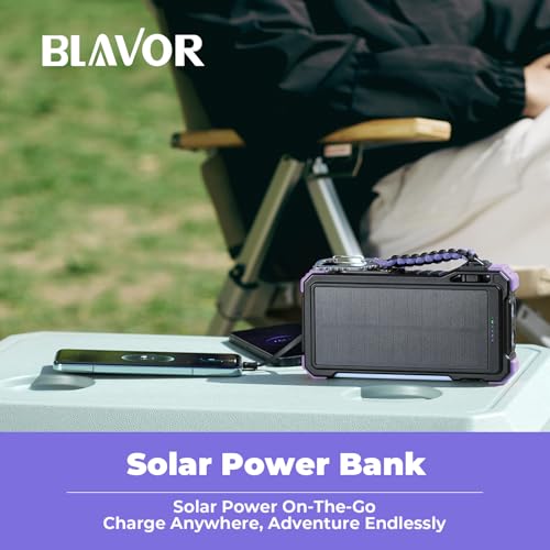 BLAVOR Solar Power Bank 20000mAh Built-in Cables, Wireless Charger for Phones & Apple Watch, 20W Fast Charging Battery Pack with USB C, Flashlight, Solar Charger for iPhone, iPad, iWatch, Samsung - color: Purple