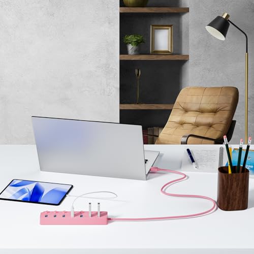 USB Hub 7 Port, USB Splitter with Individual On/Off Switches and Lights | USB 3.0 Hub with 3.3ft Cable, Extender for A Port Laptop, PC, Desktop-Pink - color: Pink