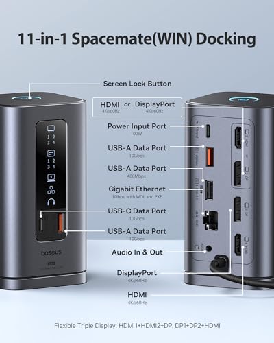 Baseus Spacemate Docking Station, 11-in-1 USB-C Dock for Windows Laptop, Baseus 100W USB C Charger Block, 3-Port Foldable Compact PPS Wall Charger