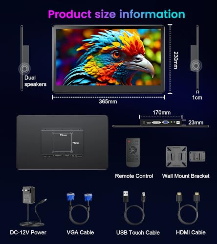 15.6" Touchscreen Monitor,VGA DVI HDMI VESA for Industrial (dark black) | 10-point touch,Quick response,Dual-Speaker,178°viewing angle,400nits,2000:1,72%NTSC,IPS,remote control,PC,Laptop,RPi,POS - color: dark black
