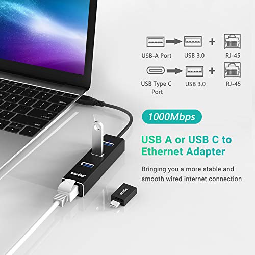 USB C to Ethernet Adapter 3-Port USB 3.0 Hub - 1000Mbps Gigabit RJ45 LAN Port, Driver-Free Aluminum Heat Dissipation for MacBook Pro/Dell XPS/Surface Laptop