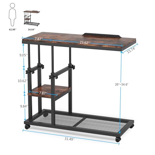 Tribesigns Height Adjustable C Table with Wheels, Mobile Couch Snack Side Table with Tiltable Drawing Board, Sofa Bedside Laptop Stand C Shaped TV Tray with Storage Shelves (Brown) - color: Rustic Brown