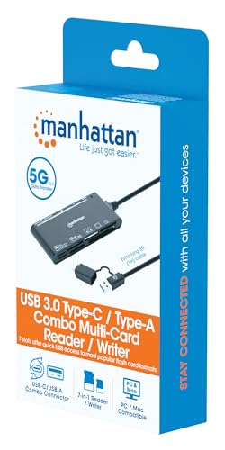 Manhattan 7 in 1 USB C & USB A Combo Multi Card Reader – Long 3 ft Cable – 5Gbps USB 3.0 - SD, TF, CF, Micro SD, XD, MS - Multiple Adapter Hub – 3 Yr Mfg Warranty – 102605 | Seven-slot flash media dock with Type-C and Type-A plugs, SuperSpeed transfers, 3