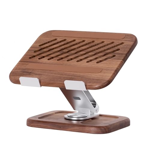 Walnut-Wooden Laptop Stand for Desk, Adjustable Height & Angle with 360° Aluminum Alloy Swivel Base, Wood Laptop Stand Compatible with MacBook Pro, All Laptops 10-17", Brown