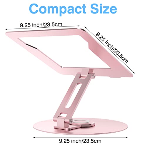Swivel Laptop Stand for Desk, Adjustable Height Aluminum Computer Stand with 360 Rotating Base, Foldable Ergonomic Riser, Portable Laptop Holder Compatible with MacBook, All Laptops 10-17'', Pink - color: Pink
