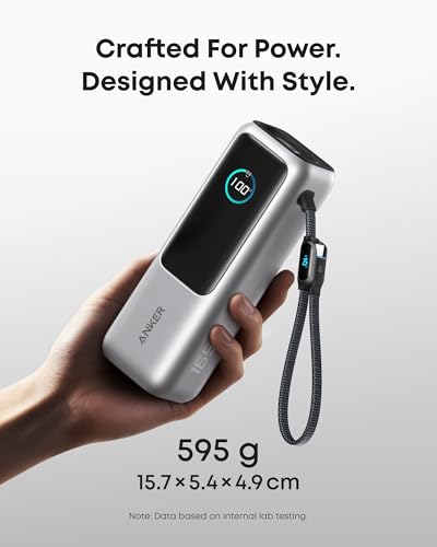 Anker Laptop Power Bank, 25,000mAh Travel Essential with 165W Total Output | 3 USB-C Ports with 100W Max Each, Built-In Retractable Cables, Flight-Ready, for iPhone 17 Series, MacBook, and More - color: Silver