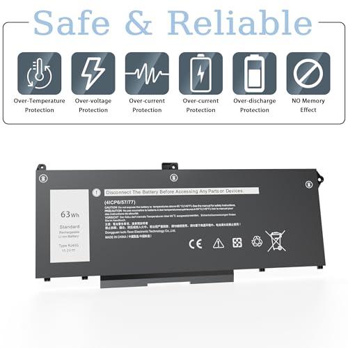 RJ40G 63Wh Laptop Battery Replacement for Dell Latitude 14 5420 Latitude 15 5520 Precision 15 3560 Series Laptop 01K2CF 075X16 WY9DX P137G P137G001 P104F P104F001 0WK3F1 0M3KCN 005R42 15.2V - size: 9.37*3.74*0.23inch RJ40G