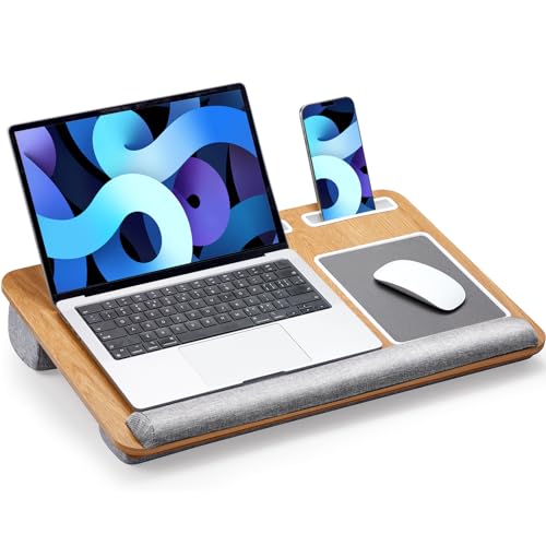 HUANUO Lap Desk - Fits up to 17 inches Laptop Desk, Built in Mouse Pad & Wrist Pad for Notebook, Laptop, Tablet, Lap Stand with Tablet, Pen & Phone Holder, Wood Grain - color: Light Brown Woodgrain