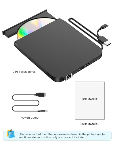 ROOFULL External CD DVD Drive with Ethernet Adapter & USB Hub & Card Reader | 9 in 1 Pro USB 3.0 Type-C CD/DVD ROM +/-RW Burner Reader Writer Player for Laptop PC MacBook Windows 11/10/7 Linux Mac OS - style: 9 In 1 Drive
