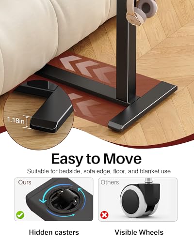 Overbed Bedside Table with Wheels, Black | Pneumatic Adjustable, Tilting Desktop, Cup Holder/Pen Holder/Hook, Mobile Standing Desk, For Bed/Sofa/Hospital Use - color: Black