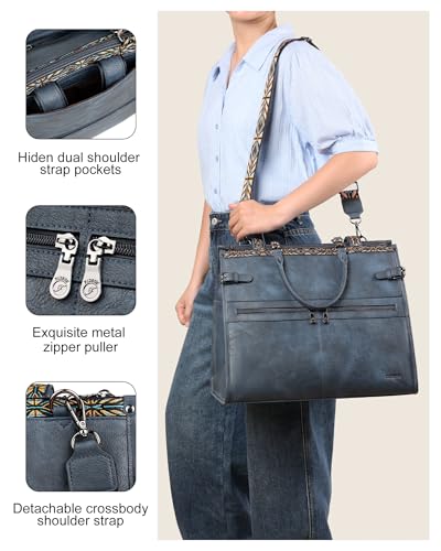 FADEON Laptop Bag for Women Designer PU Leather Large Tote Bags Backpack Purses with 15.6 Laptop Compartment Shoulder Handbag - color: Dark Blue Retro Style