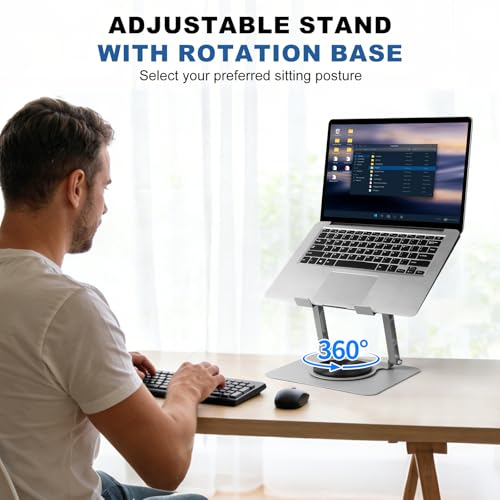 Laptop Cooling Stand with 2 Detachable Fans, 360° Rotating Adjustable Laptop Stand, Carbon Steel Ergonomic Laptop Riser, Anti-Slip Base for 10-17.3" Notebook MacBook, Office Home Gaming - color: Silver