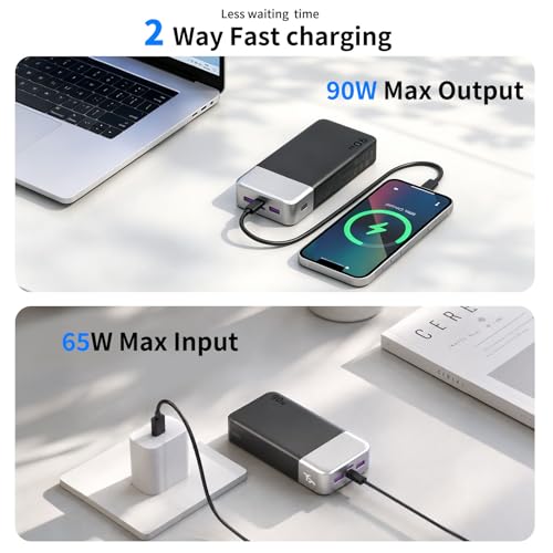NOBIS Power Bank 90W 20,000mAh Laptop Portable Charger | PD Fast Charging Battery Pack, 4-Port, Digital Display, Compatible Laptop, Tablet, Phone and More - color: Black