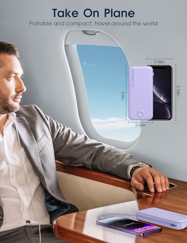 Nusyddy Portable Charger 10000mAh Fast Charging w/Built-in Wall Plug Purp. | PD20W Fast Charging, LED Indicator, Pass Through Charging, TSA Approved, Compact/Slim, Power Bank for iPhone/iPad/Samsung - color: Violet